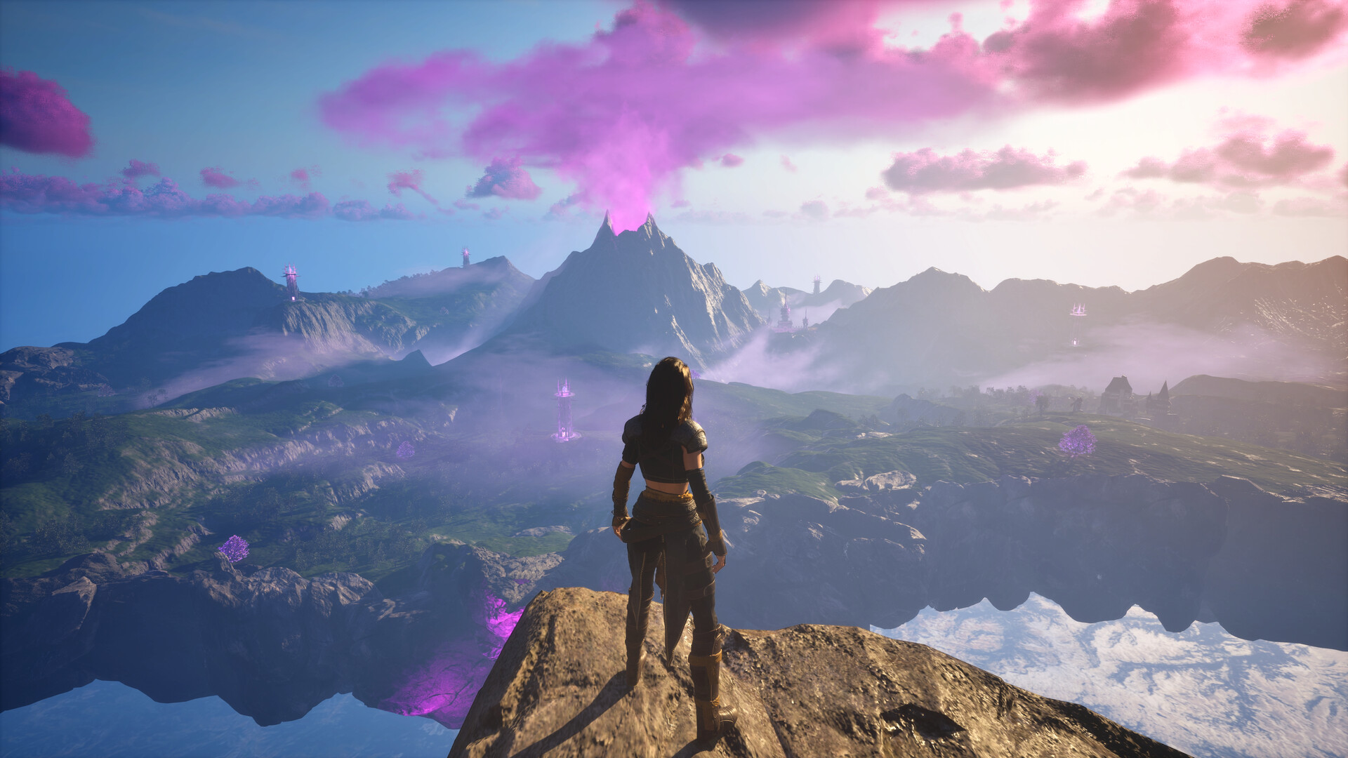A Luminary overlooking floating islands and waytowers